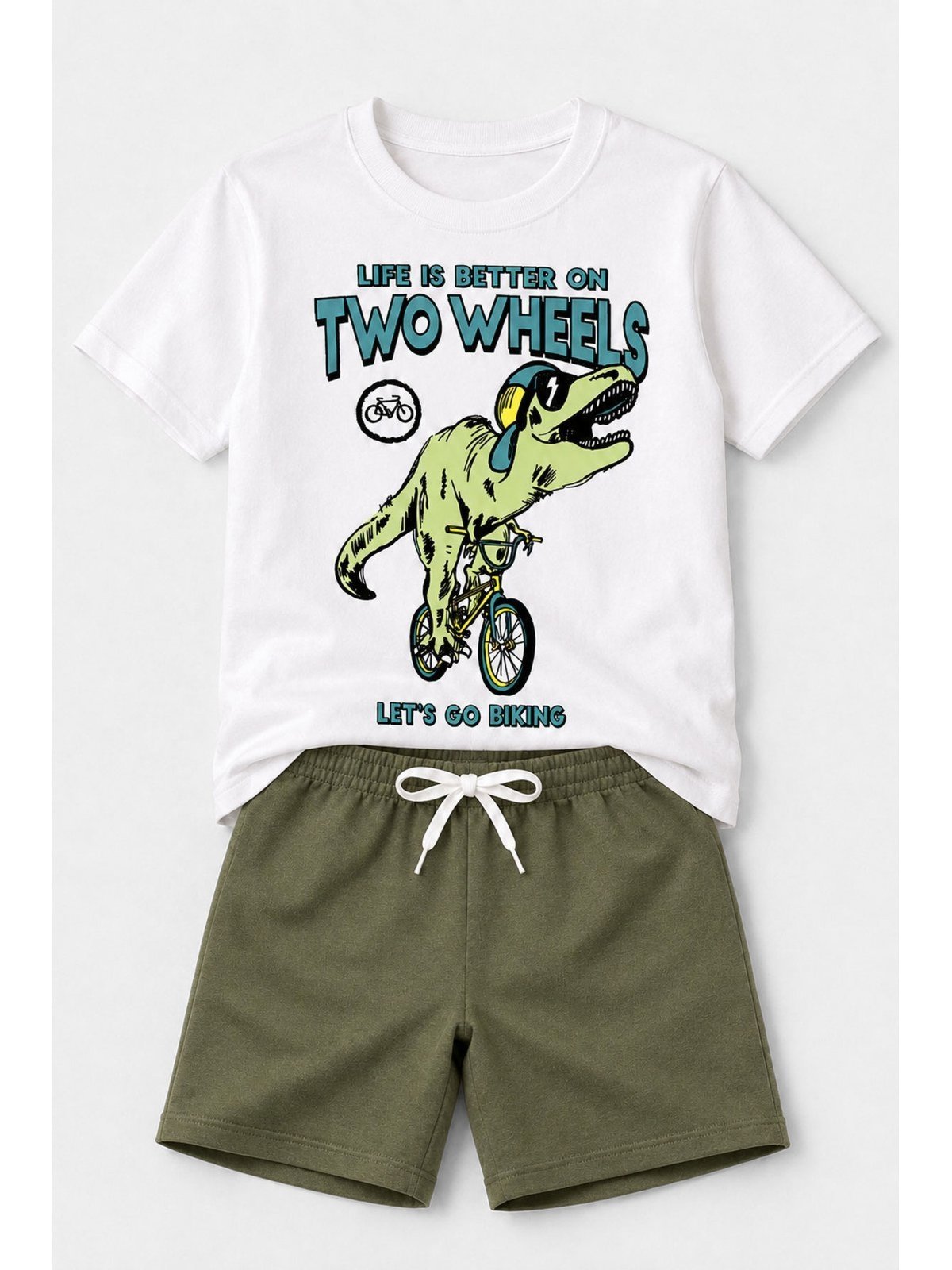 Infantil - Conjunto Masculina Algodão Dino Bicicleta Branca - Babei no Look