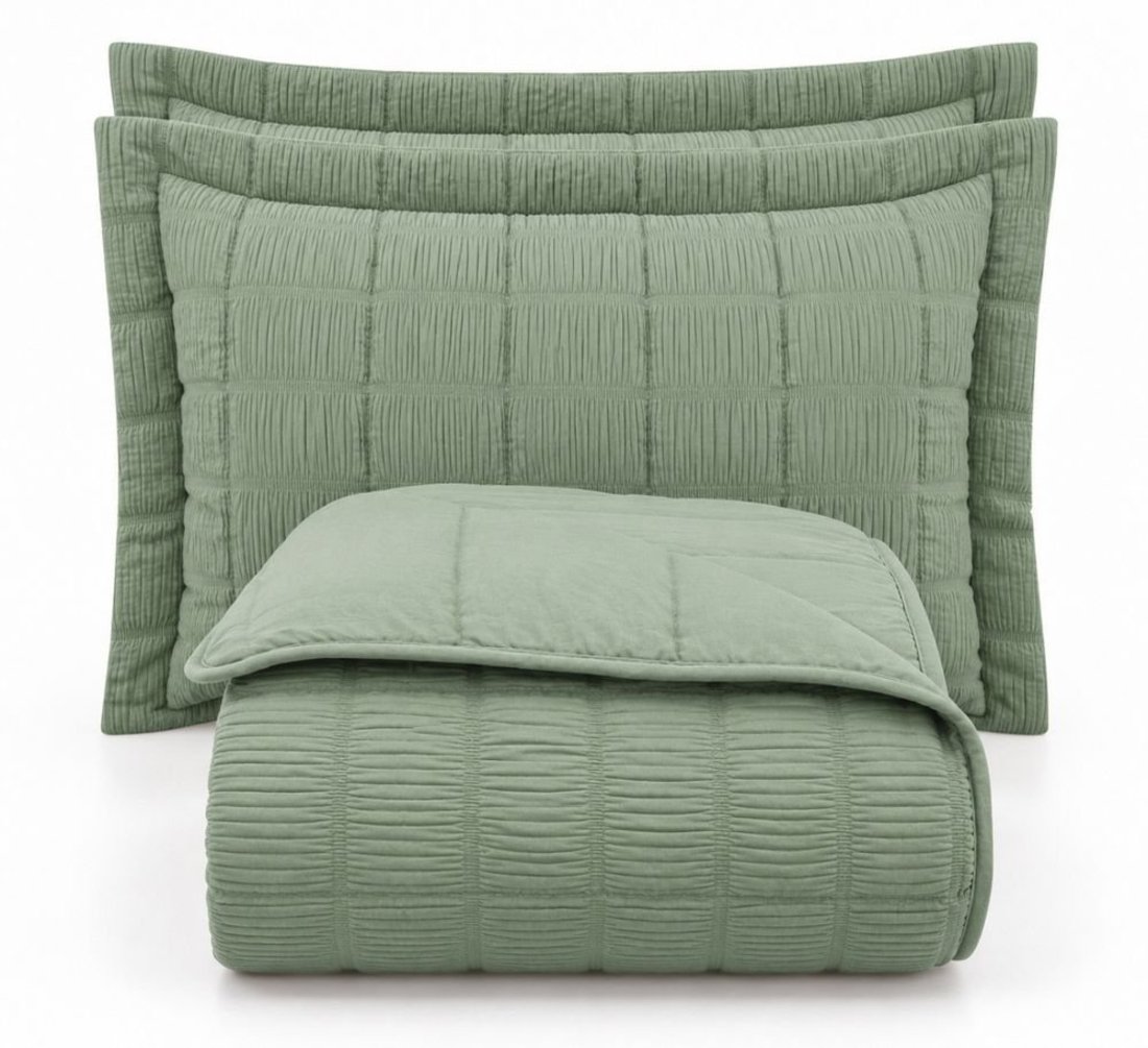 Kit Cobre Leito Linen King Micropercal 300 Fios Matelassê Colcha 3 Peças Efeito Creponado Verde