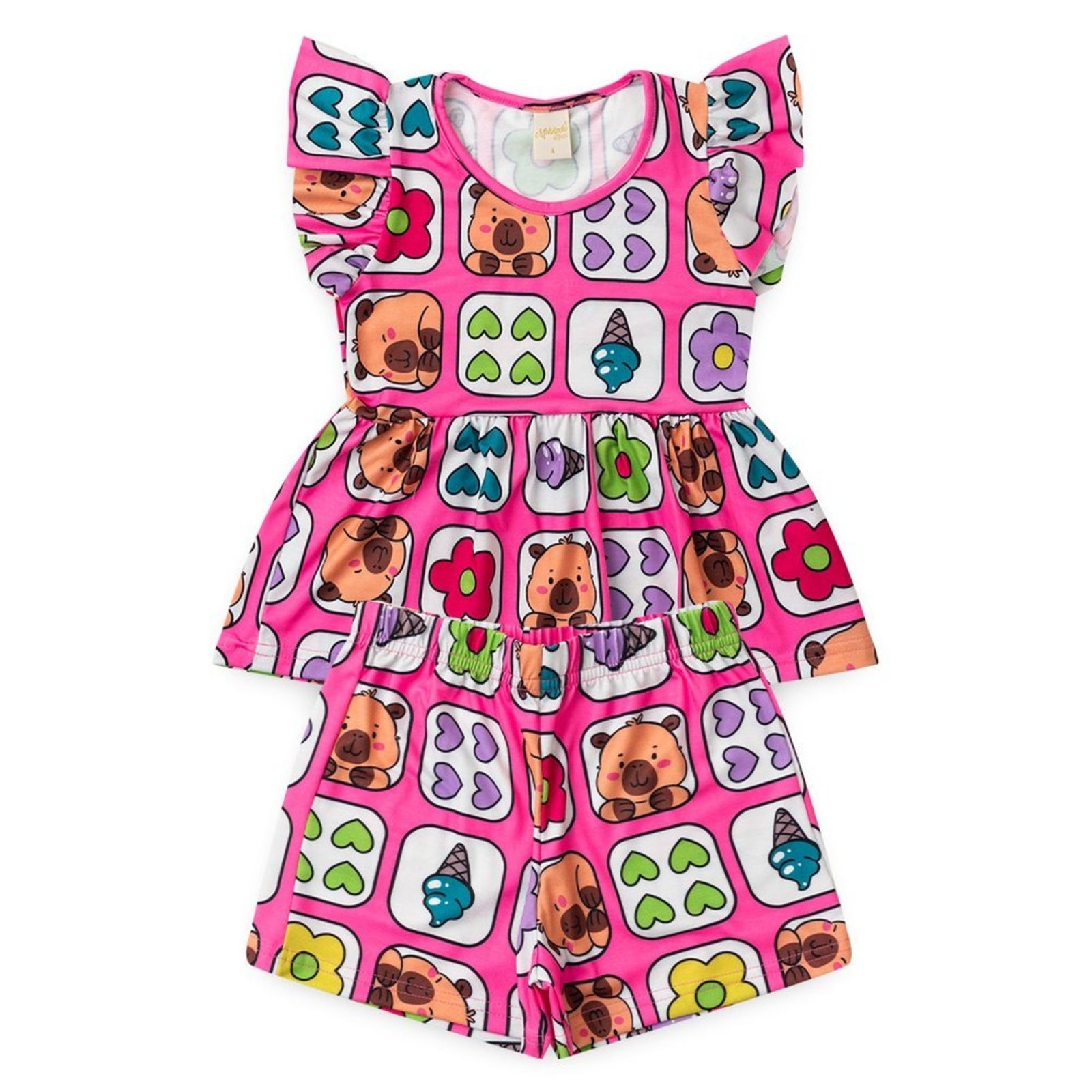Infantil - Conjunto Verão Menina Rosa Bata com Babado e Shorts Capivaras e Flores