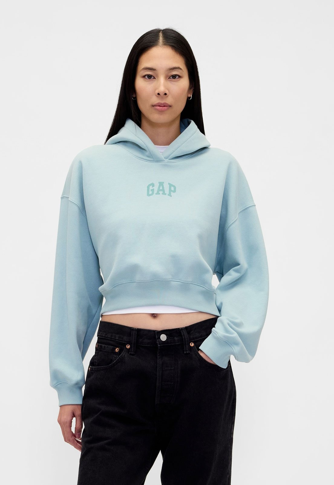 Blusa de Moletom Feminina GAP Cropped Capuz Azul Claro