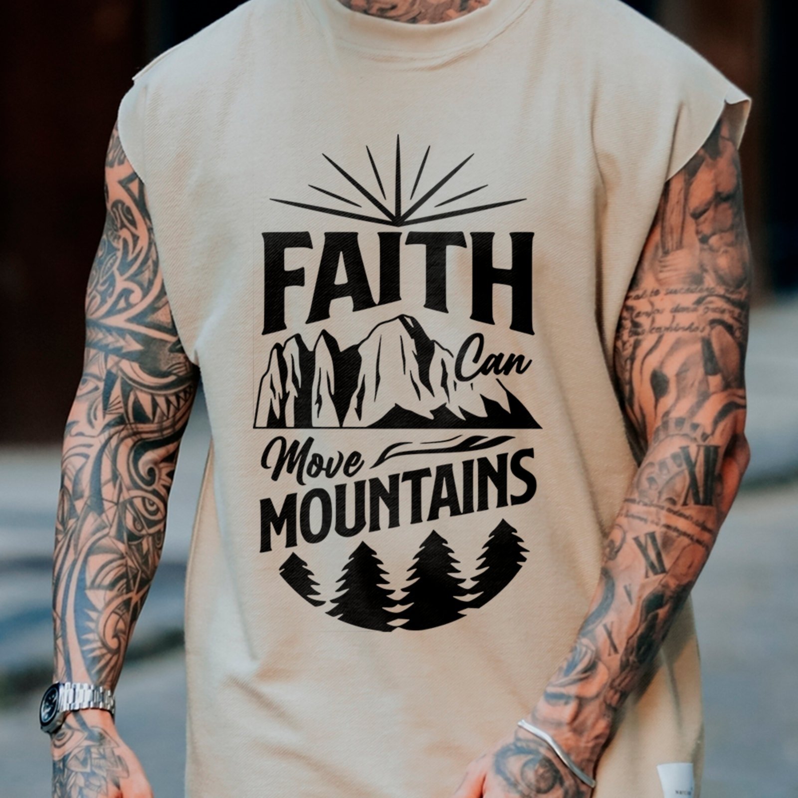 Camiseta Regata Machão Fé Que Move Montanhas Cristã Off White