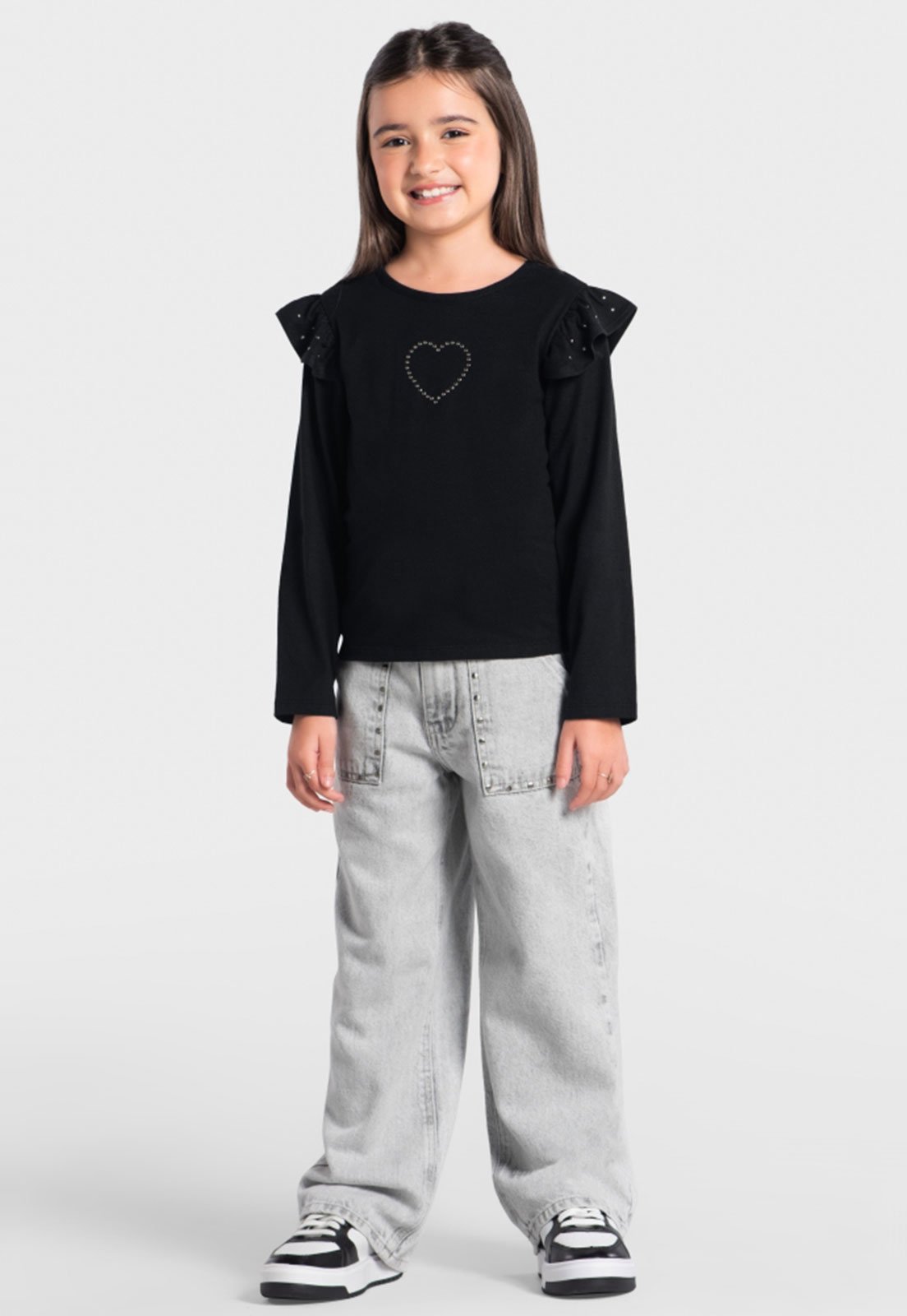 Infantil - Camiseta Brandili Manga Longa Babados Coração Preta