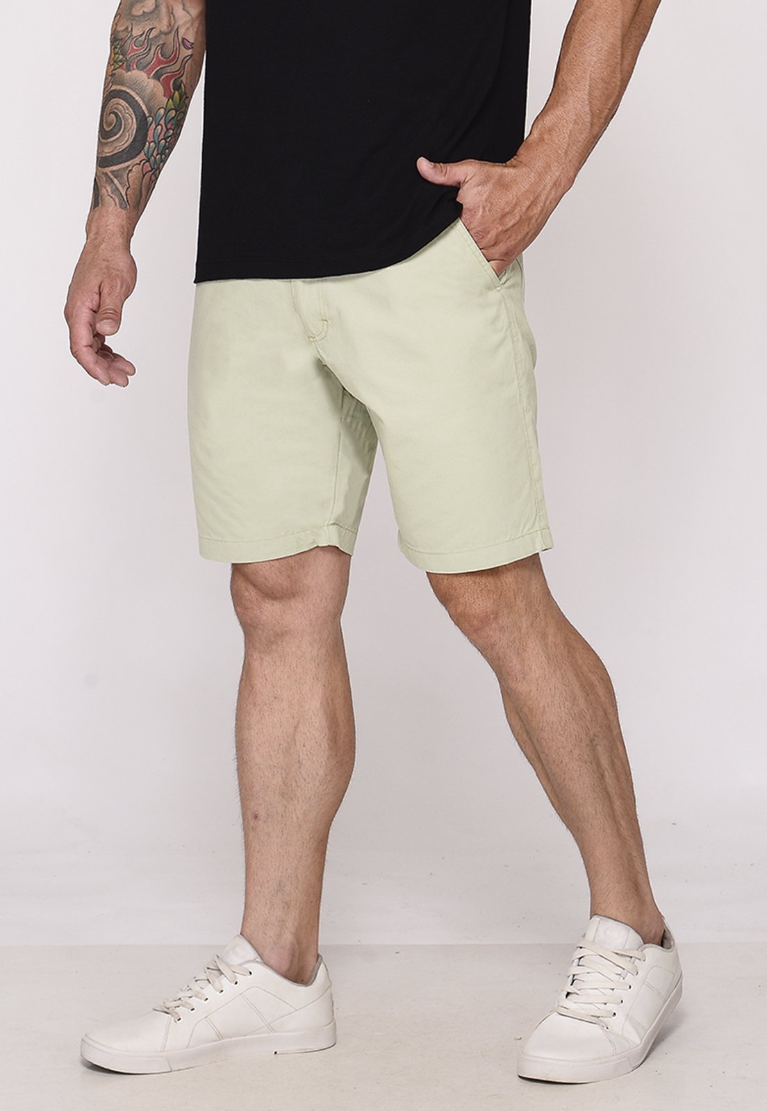 Bermuda Masculina Sarja Chino Casual Confortável Algodão Bolso-Faca Verde