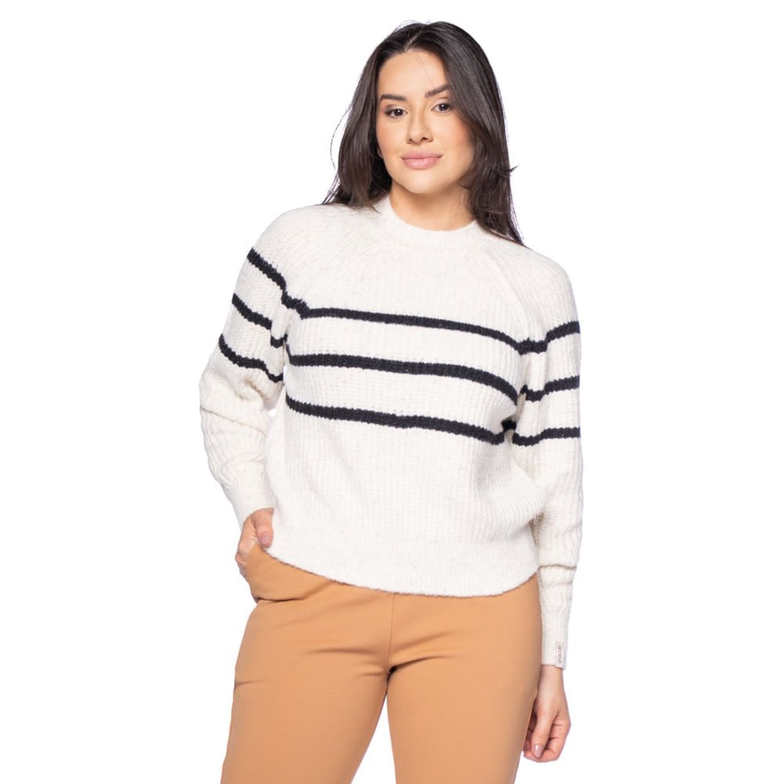 Blusa Feminina Biamar Com Listras E Cava Raglan Branco