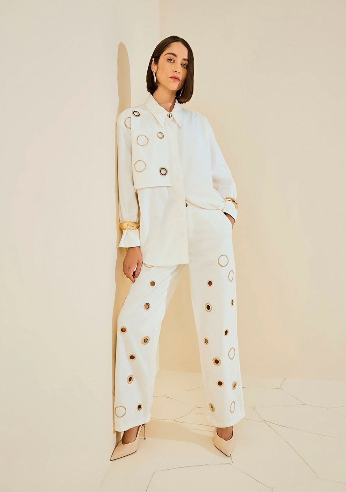 Conjunto Morena Rosa Camisa Manga Longa Calça Wide Cintura Média - Off-white