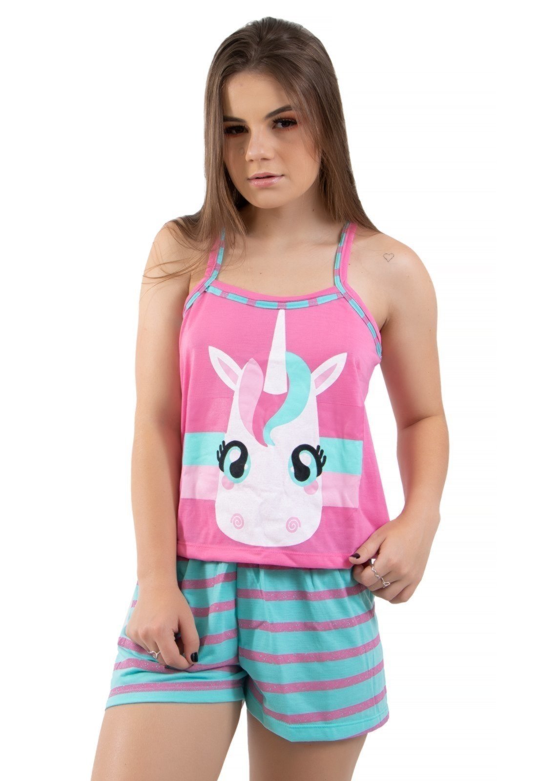 Baby Doll Estampado Estampa Unicórnio Pijama Curto Short e Regata Verão Com Tapa Olho 4 Estações Rosa