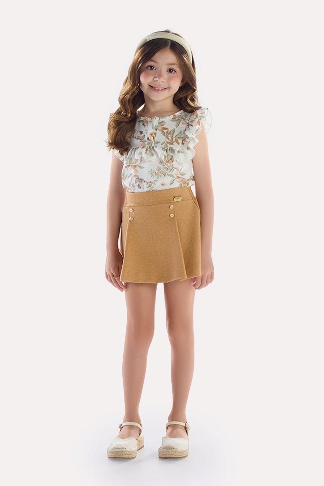 Infantil - Conjunto Blusa Caramelo Estampada e Short-Saia Linho