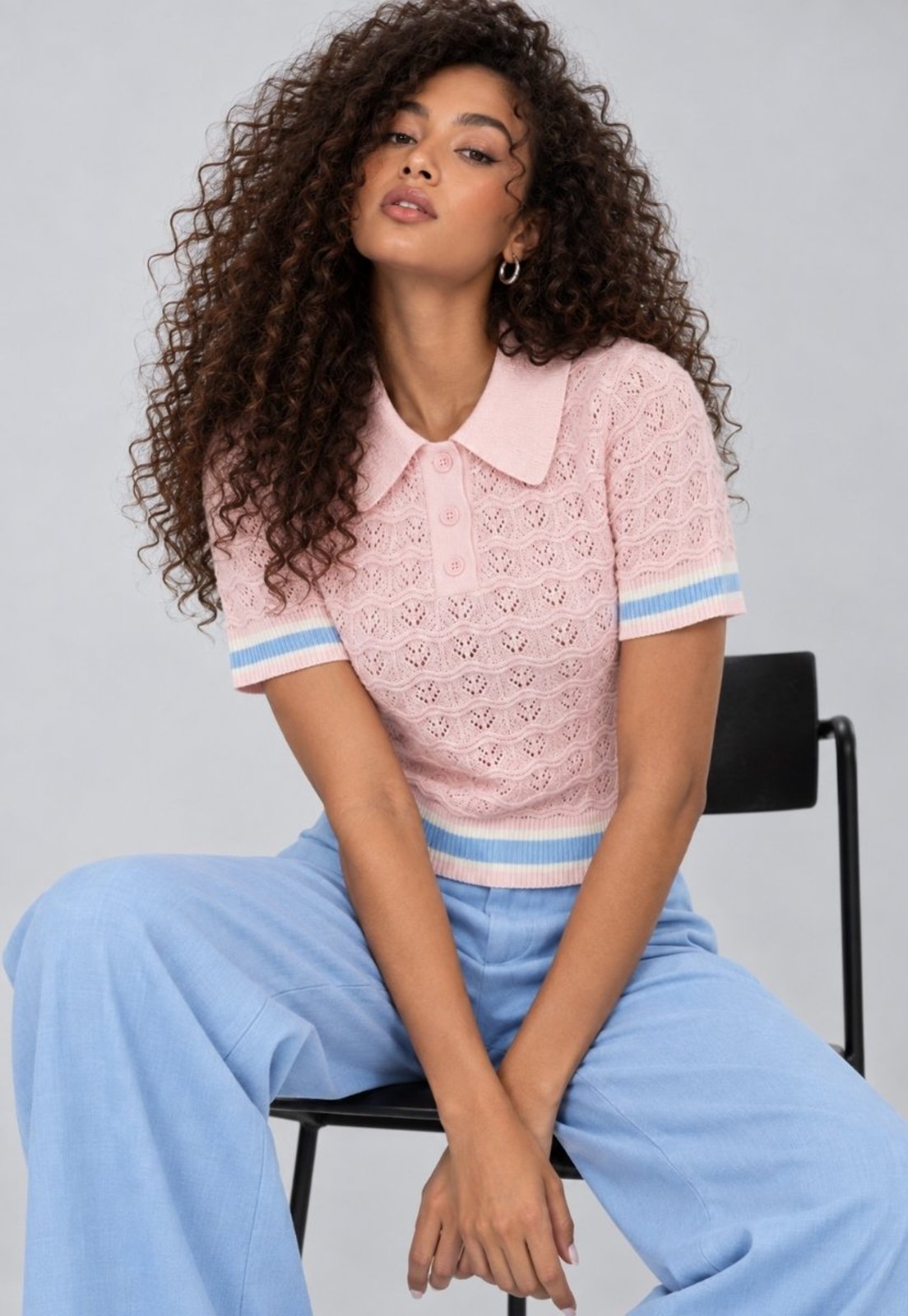 Blusa Tricot Gola Polo com Textura e Barra Listrada Salvatore Rosa