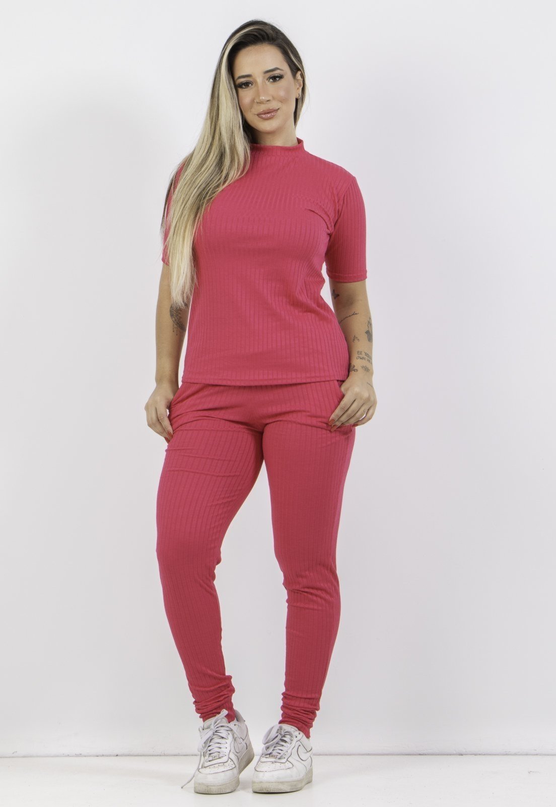 Conjunto Canelado Manga Curta 4 Estações Blusa Canelada Calça Jogger Cintura Alta Liso Rosa