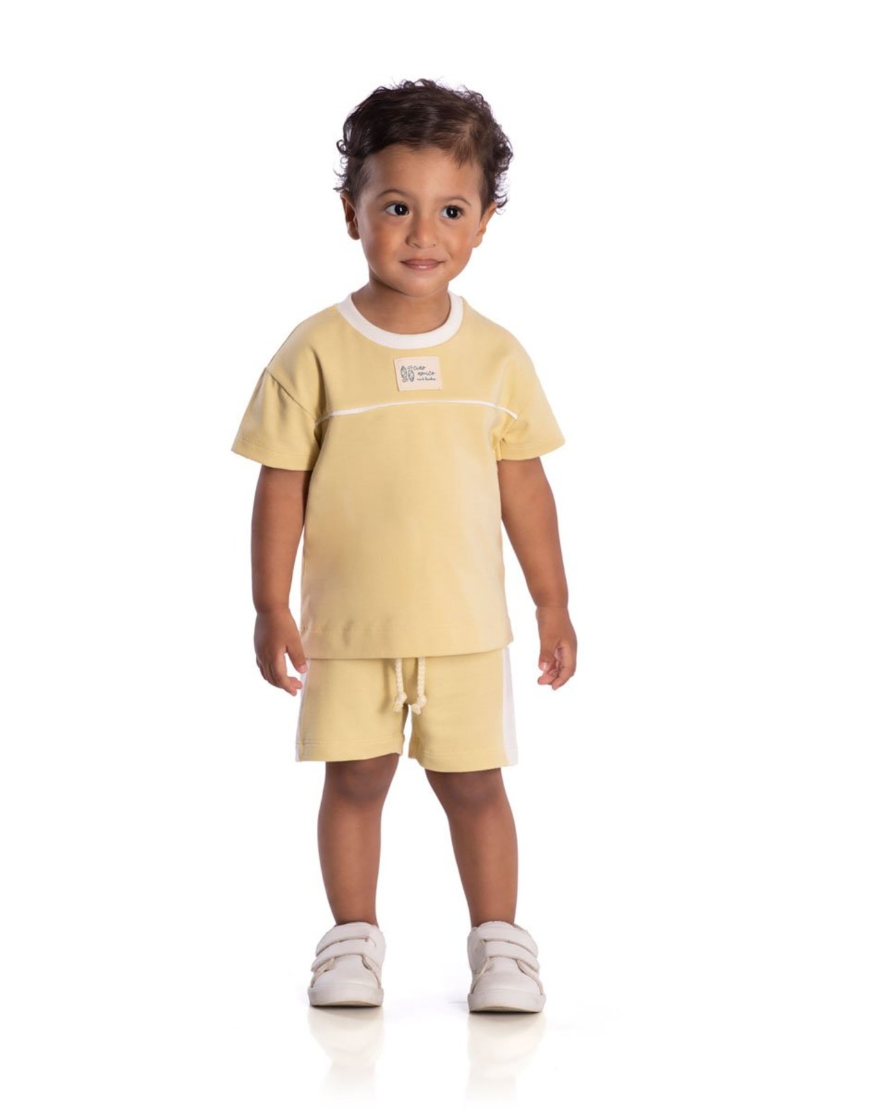 Infantil - Conjunto camiseta cotton e bermuda moletinho amarelo-manteiga