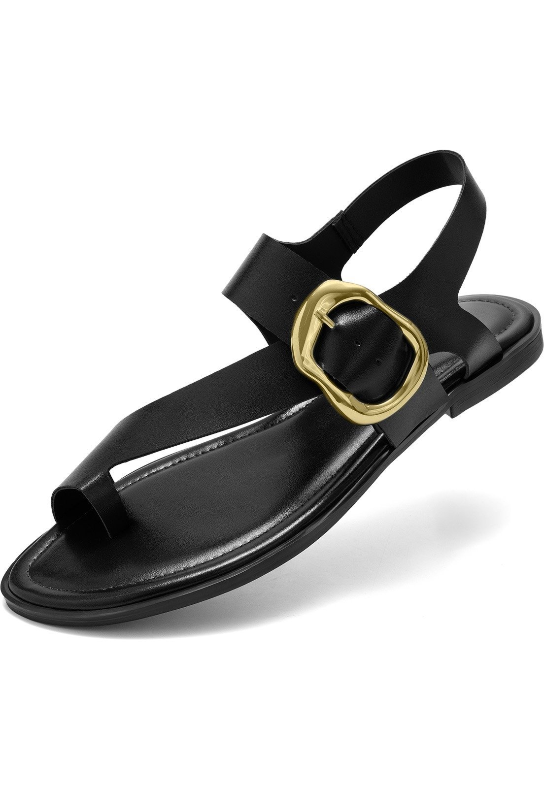 Sandália Feminina Rasteira Lumiss Confortável Bico Redondo Maxi Fivela Preto