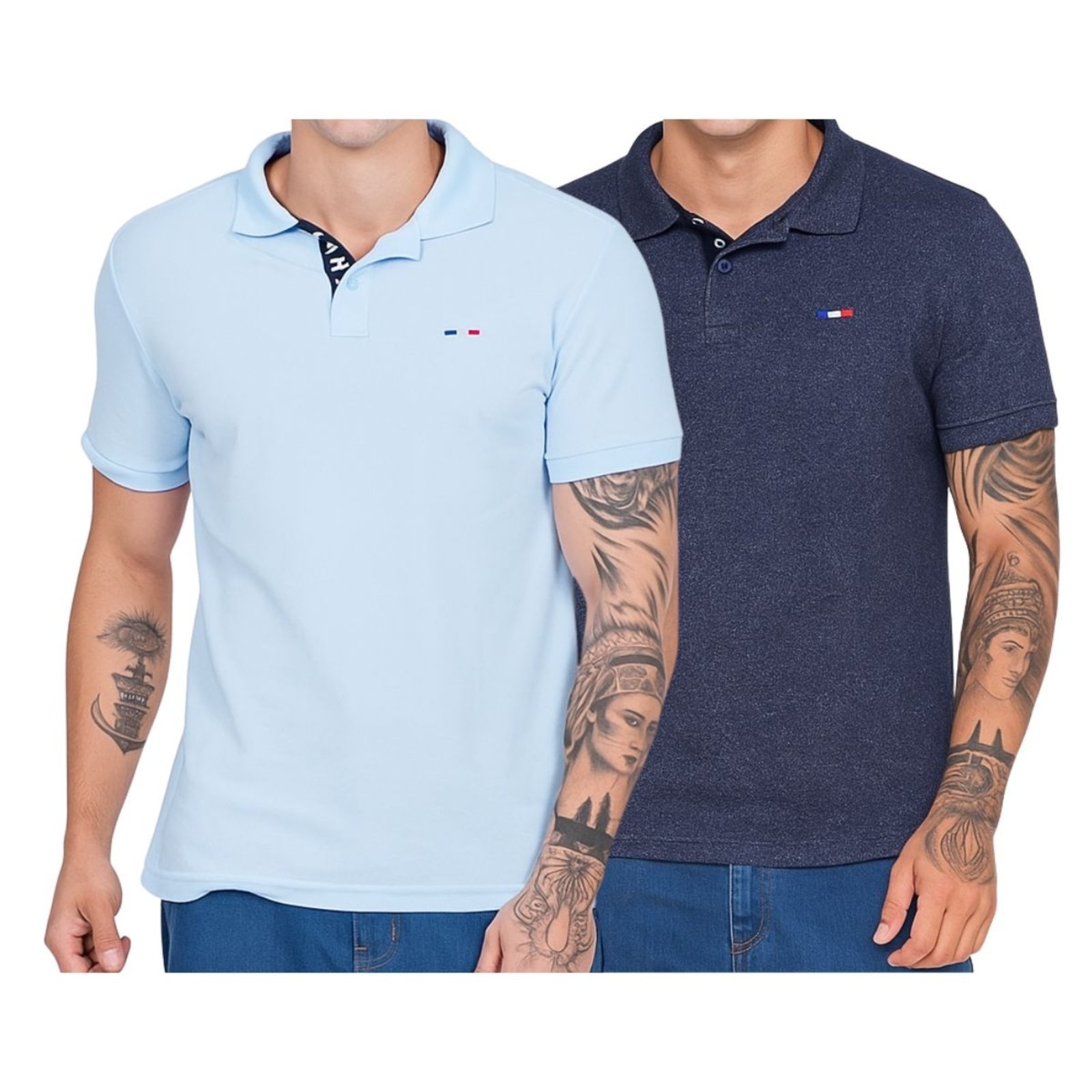 Kit 2 Polos Masculina Básicas FMF Azul e Azul Jeans Piquet no Estilo Tommy Bordado França