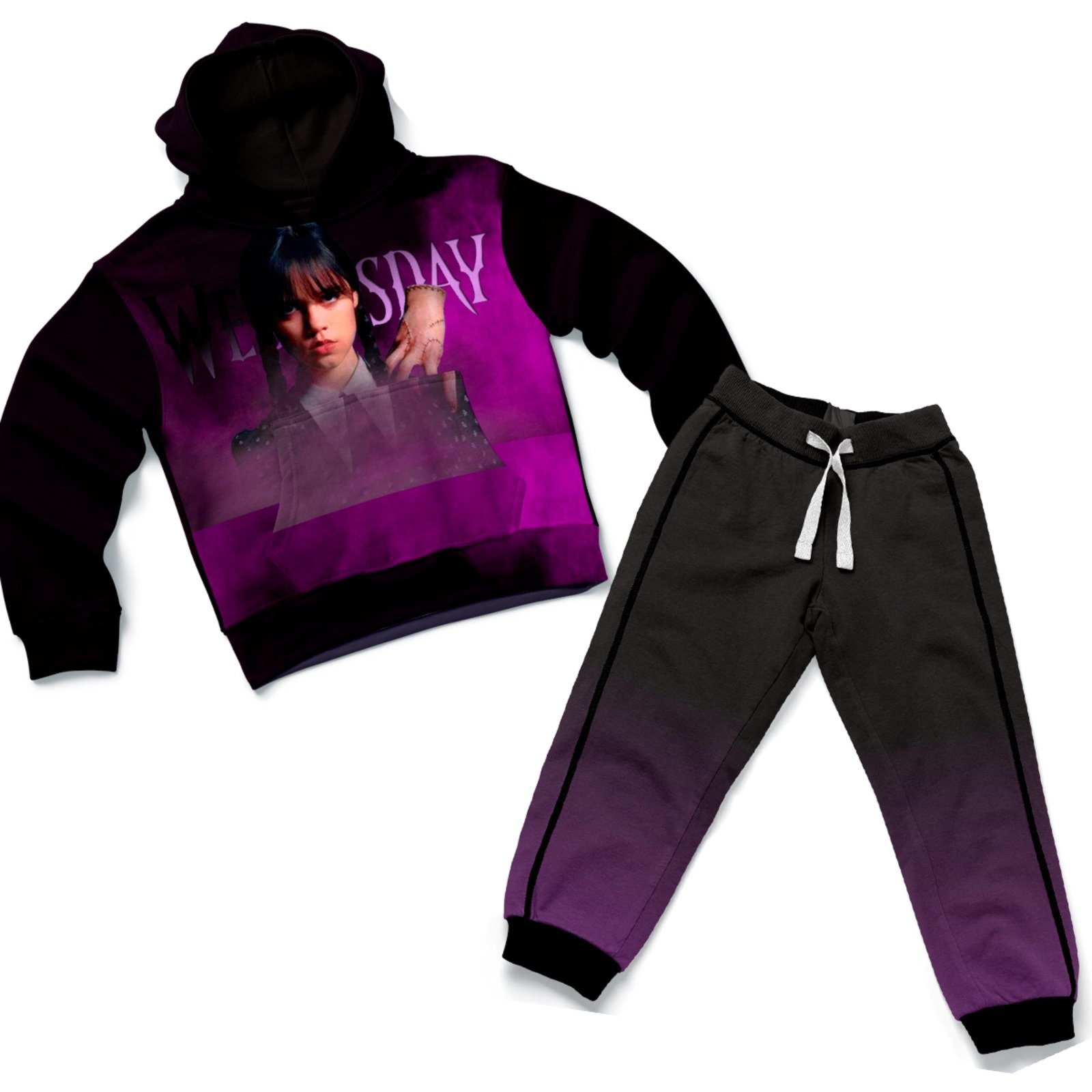 Infantil – Conjunto Moletom Kit Blusa de Frio e Calça Estampa Séries Personagens Wandinha Preto e Roxo