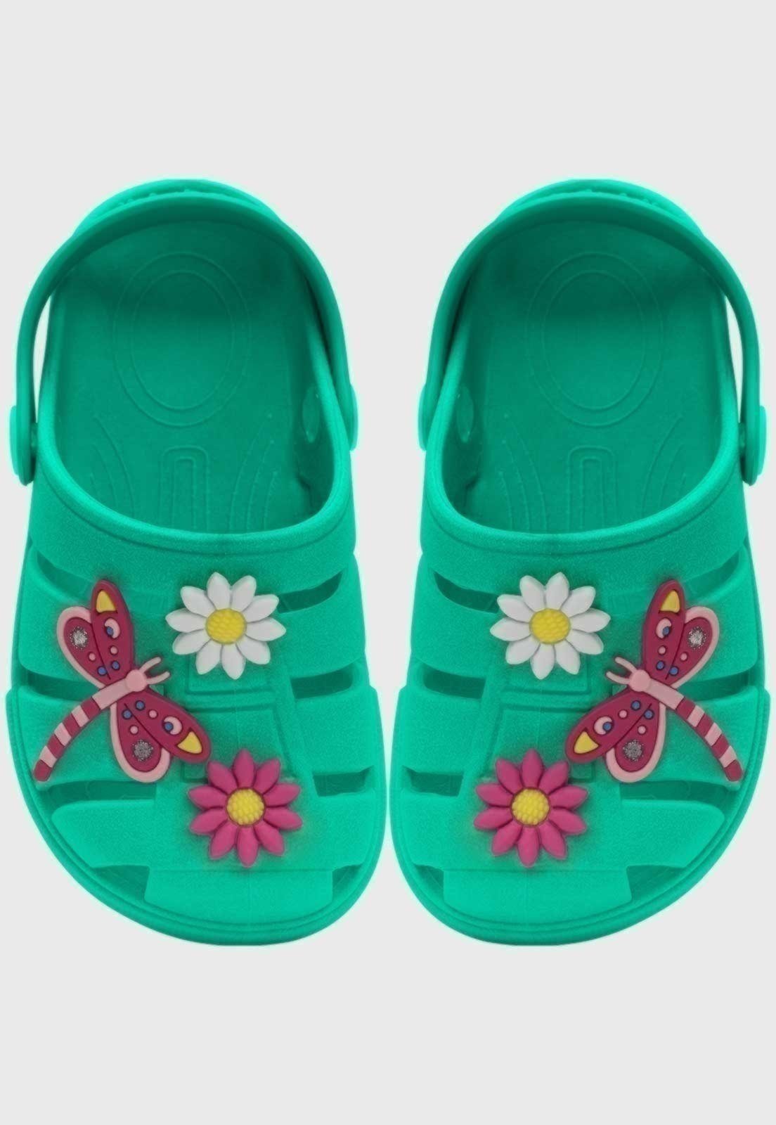Vista 2 Infantil - Sandalia Babuche Popidi Menina Libelula e Flores verde Pópidí verde