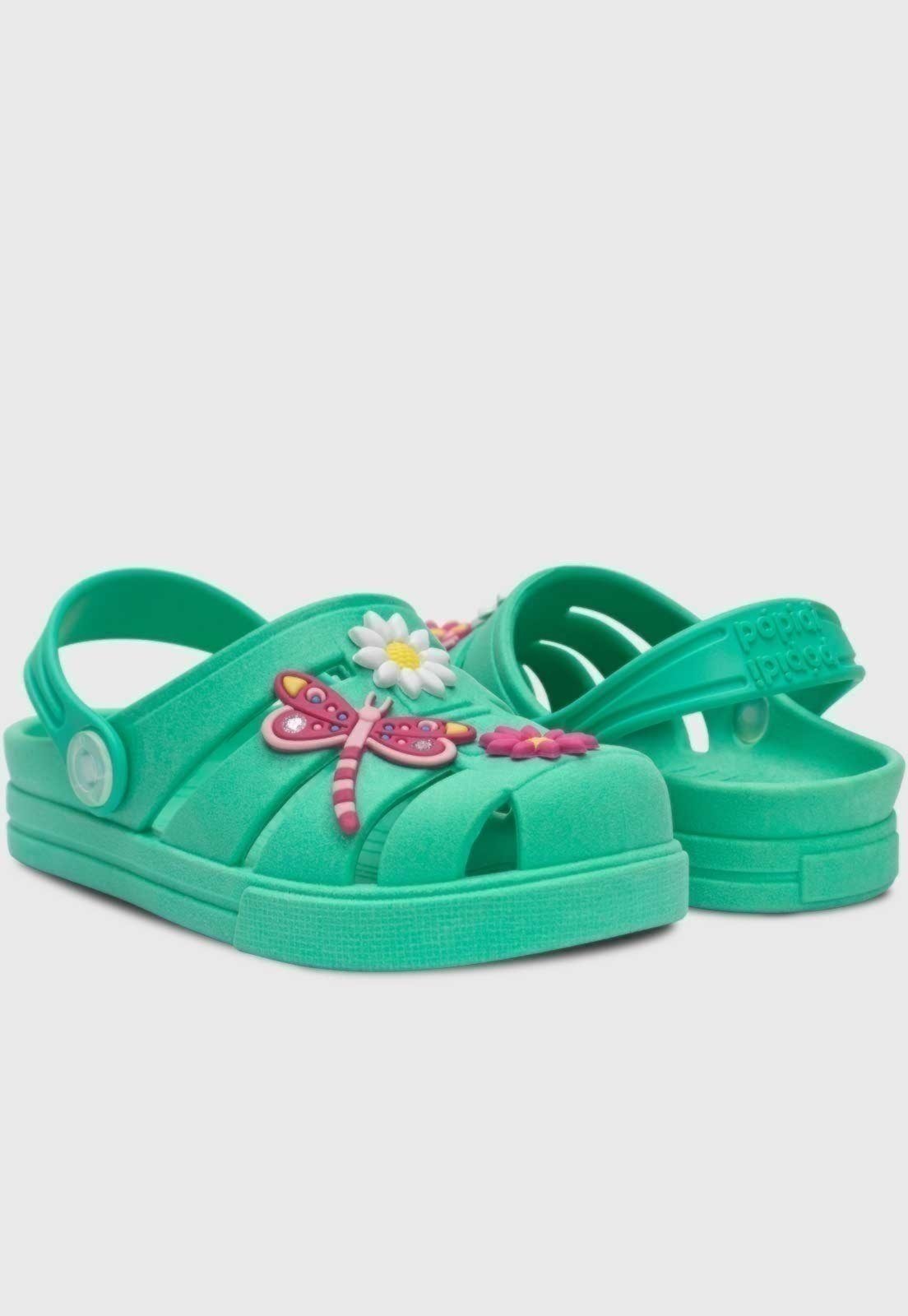 Vista 3 Infantil - Sandalia Babuche Popidi Menina Libelula e Flores verde Pópidí verde