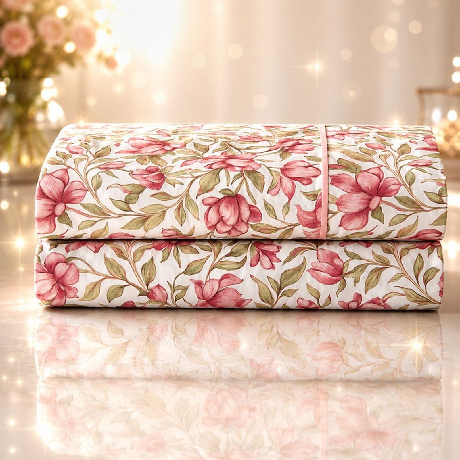 Lençol Malha Grossa Fio Penteado 100% Algodão Queen sem Elástico - Floral Rosê