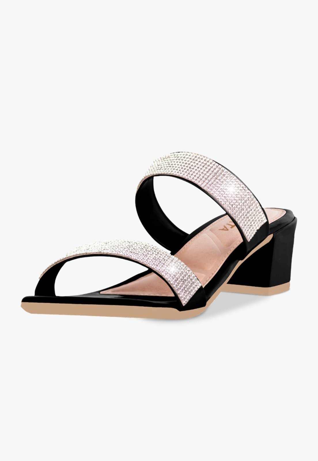 Tamanco Feminino Takata Salto Bloco Baixo Brilho Strass Preto Verniz