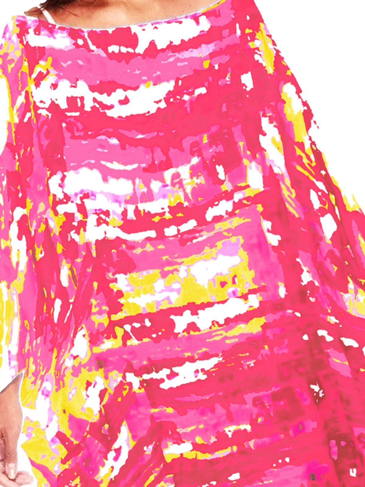 Vista 3 Vestido Kaftan Saída Curto Acetinado Estampado Manchado Vermelho 101 Resort Wear amarelo/pink/vermelho pink 101 Resort Wear amarelo/pink/vermelho pink