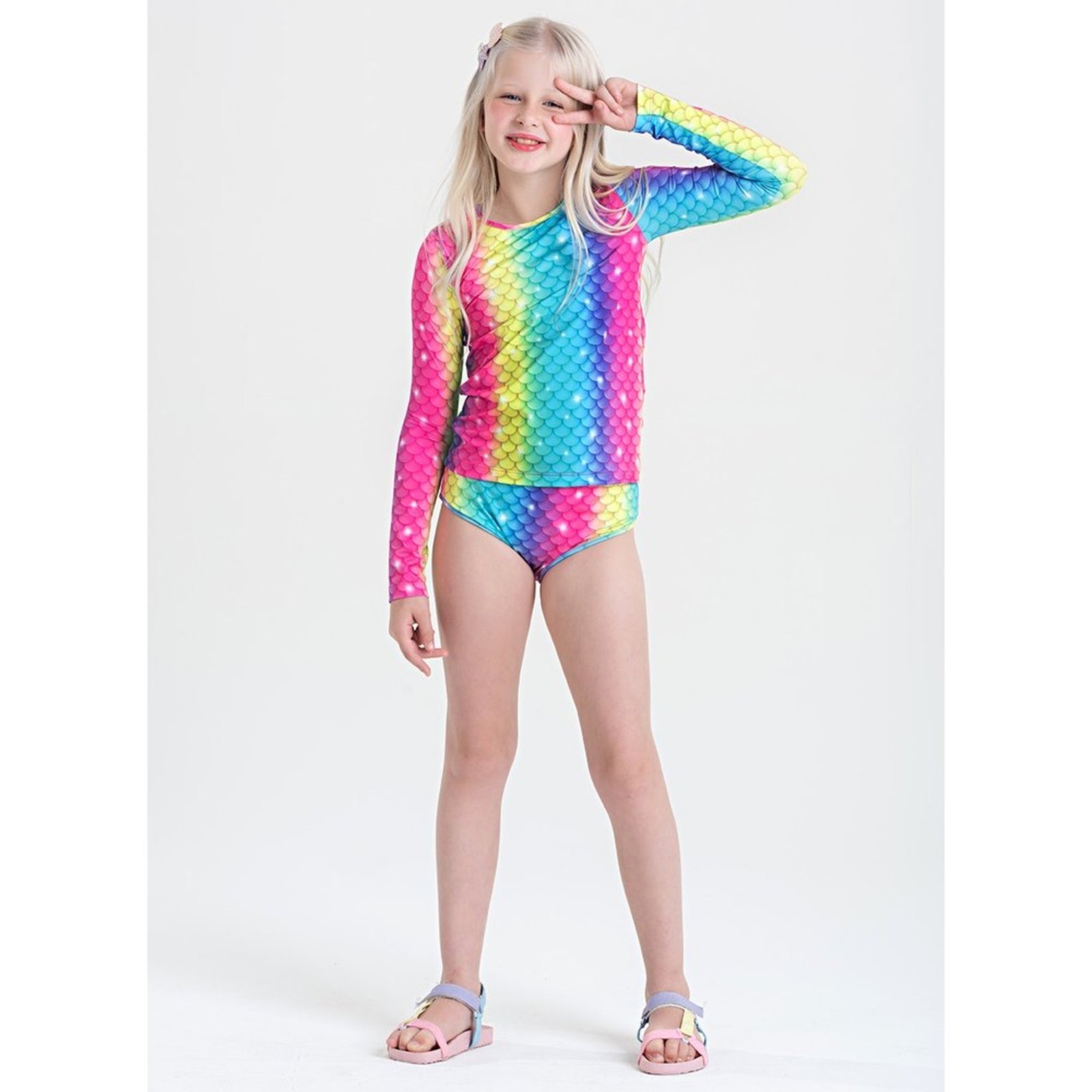 Conjunto Biquíni Menina Rosa Blusa Manga Longa e Calcinha Sereia