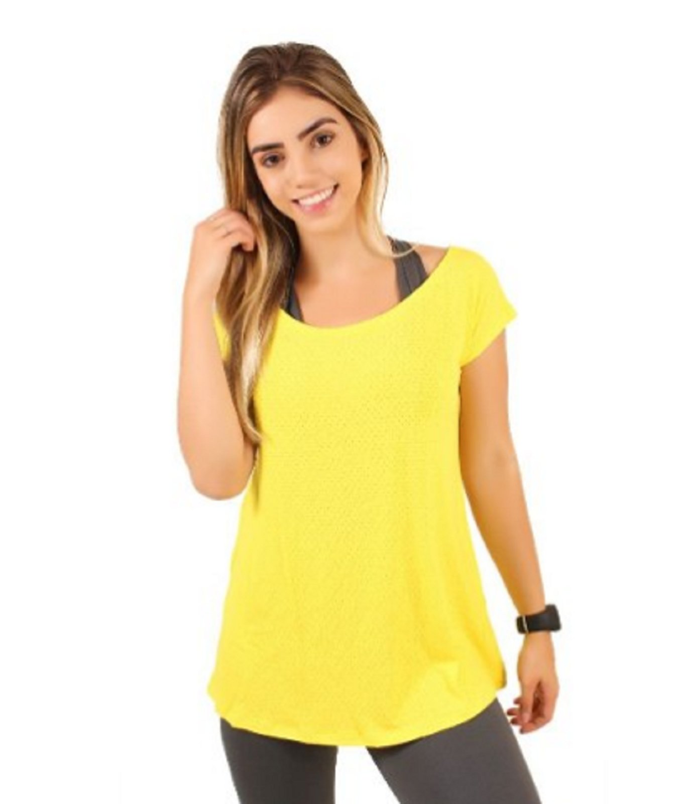 Blusa Feminina 4 Estações Furadinha Manga Curta Fitness Academia Treino Lisa Amarelo