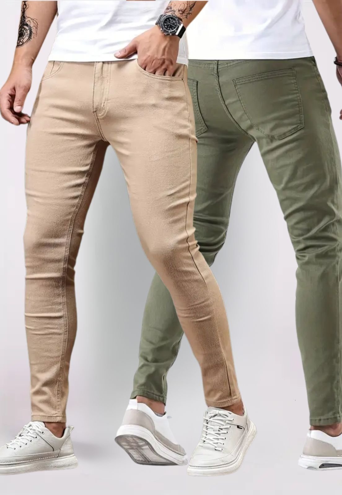 Kit 2 Calça Masculina Tempo Hábil Bege e Verde Sarja Corte Tradicional