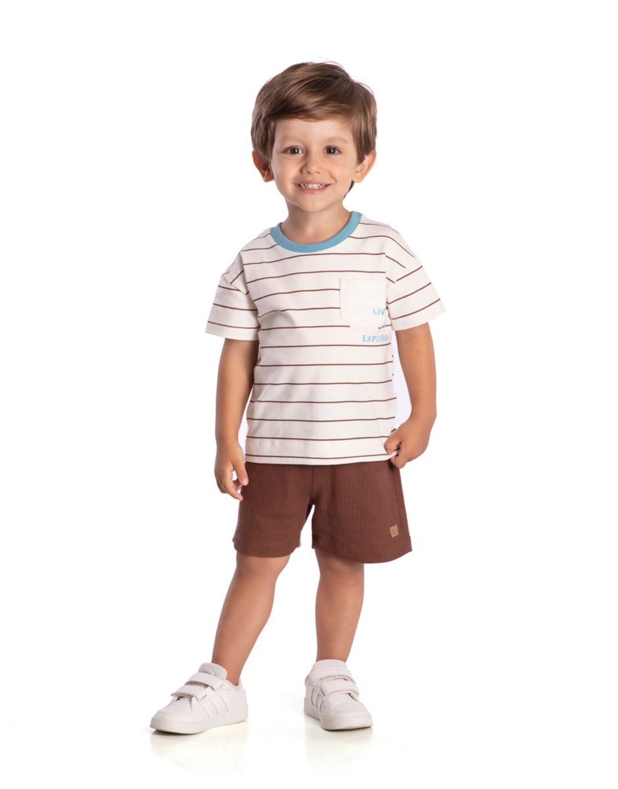 Infantil - Conjunto camiseta cotton estampado listrado e bermuda malha texturizada marrom