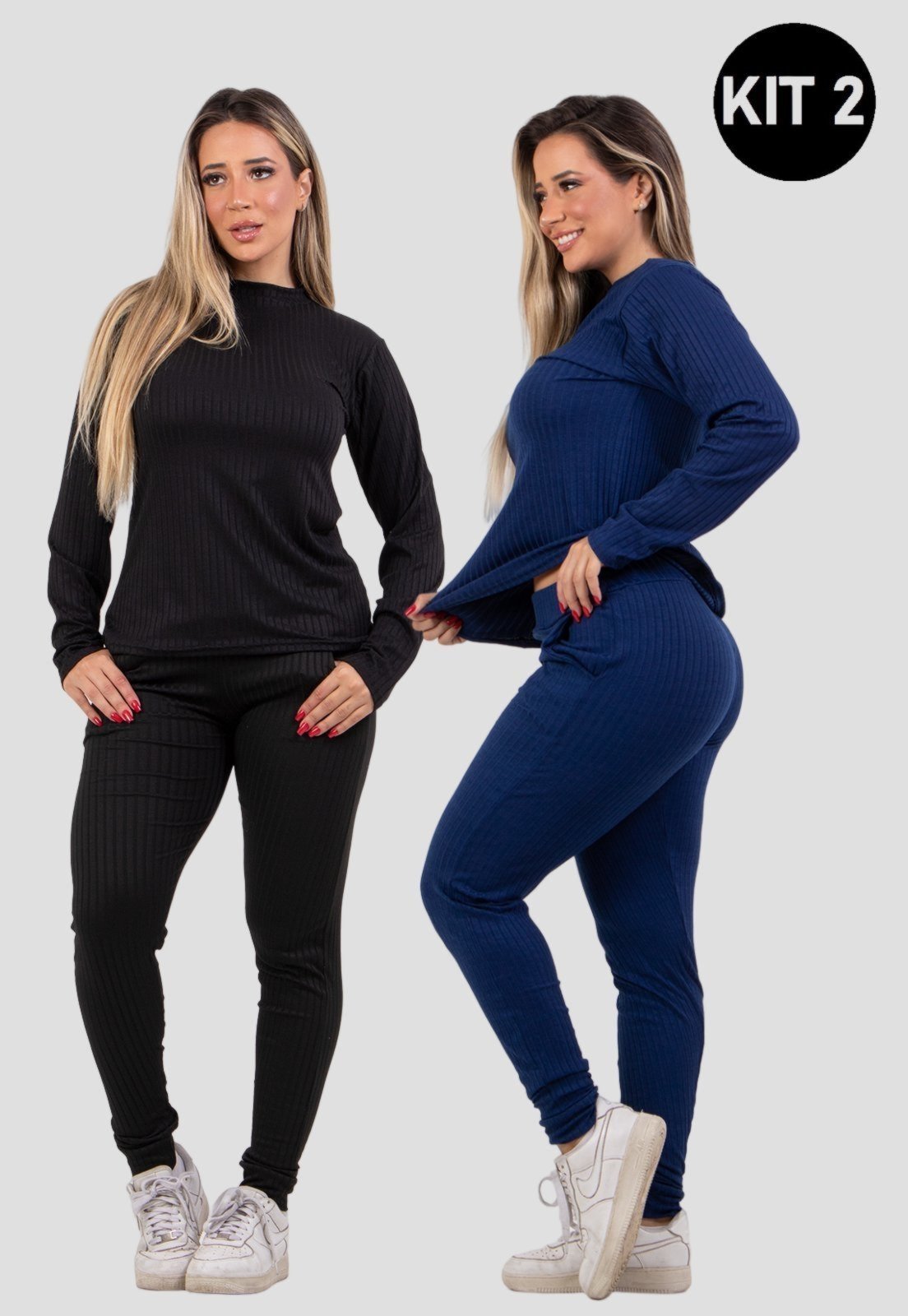 Kit 2 Conjuntos Canelado 4 Estações Manga Longa Blusa Canelada Calça Jogger Cintura Alta Liso Preto/Azul Marinho