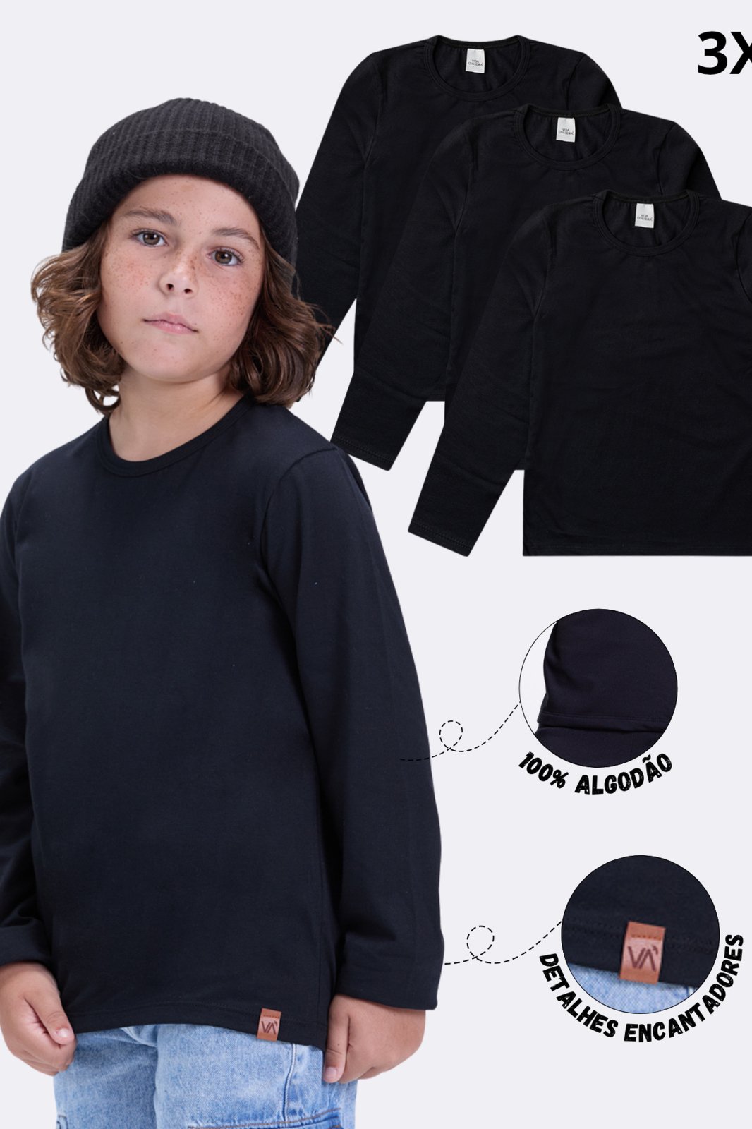 Infantil - Kit 3 Camisetas Manga Longa Inverno Algodão