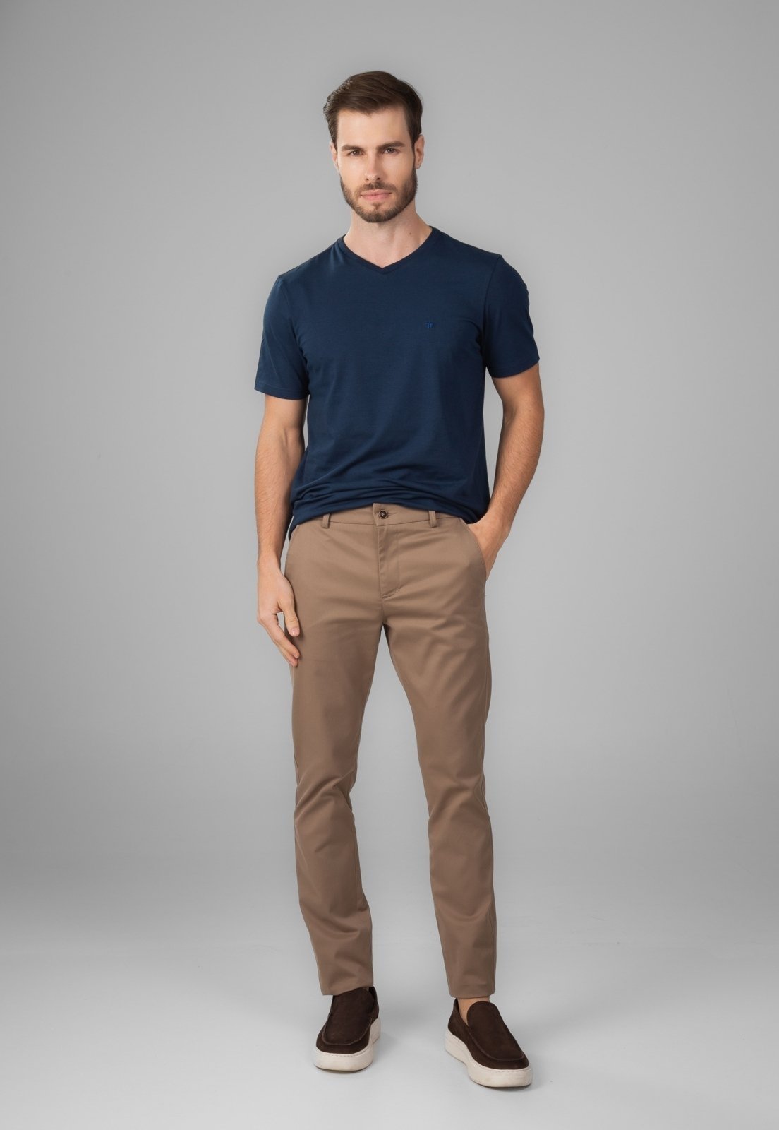 Vista 3 Calça Sarja Traymon Slim Algodão Egípcio Kaki Medio cáqui kaki Traymon cáqui kaki