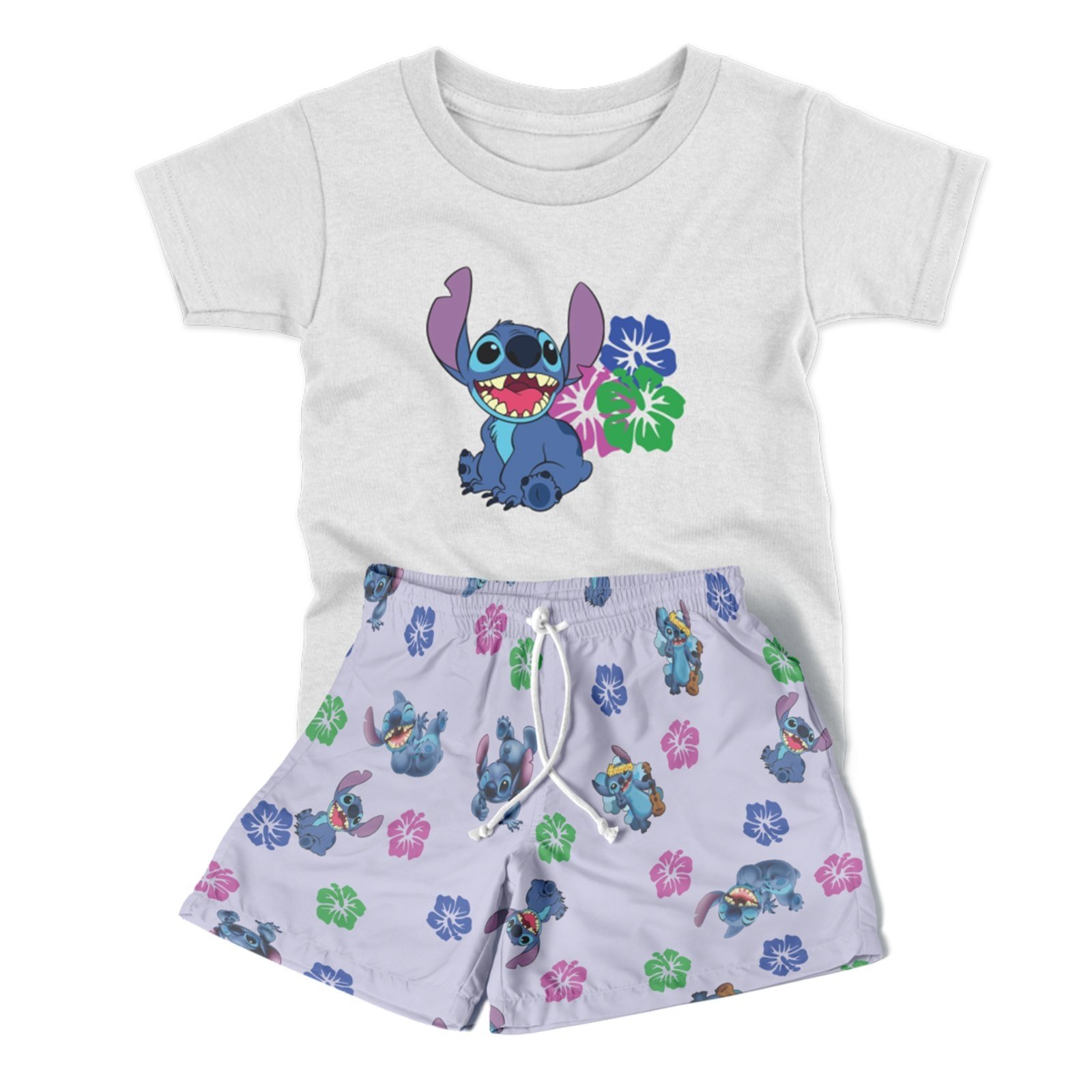 Infantil – Conjunto Menina 2pçs Camiseta Manga Curta e Shorts Personagens Stitch Rosa e Azul