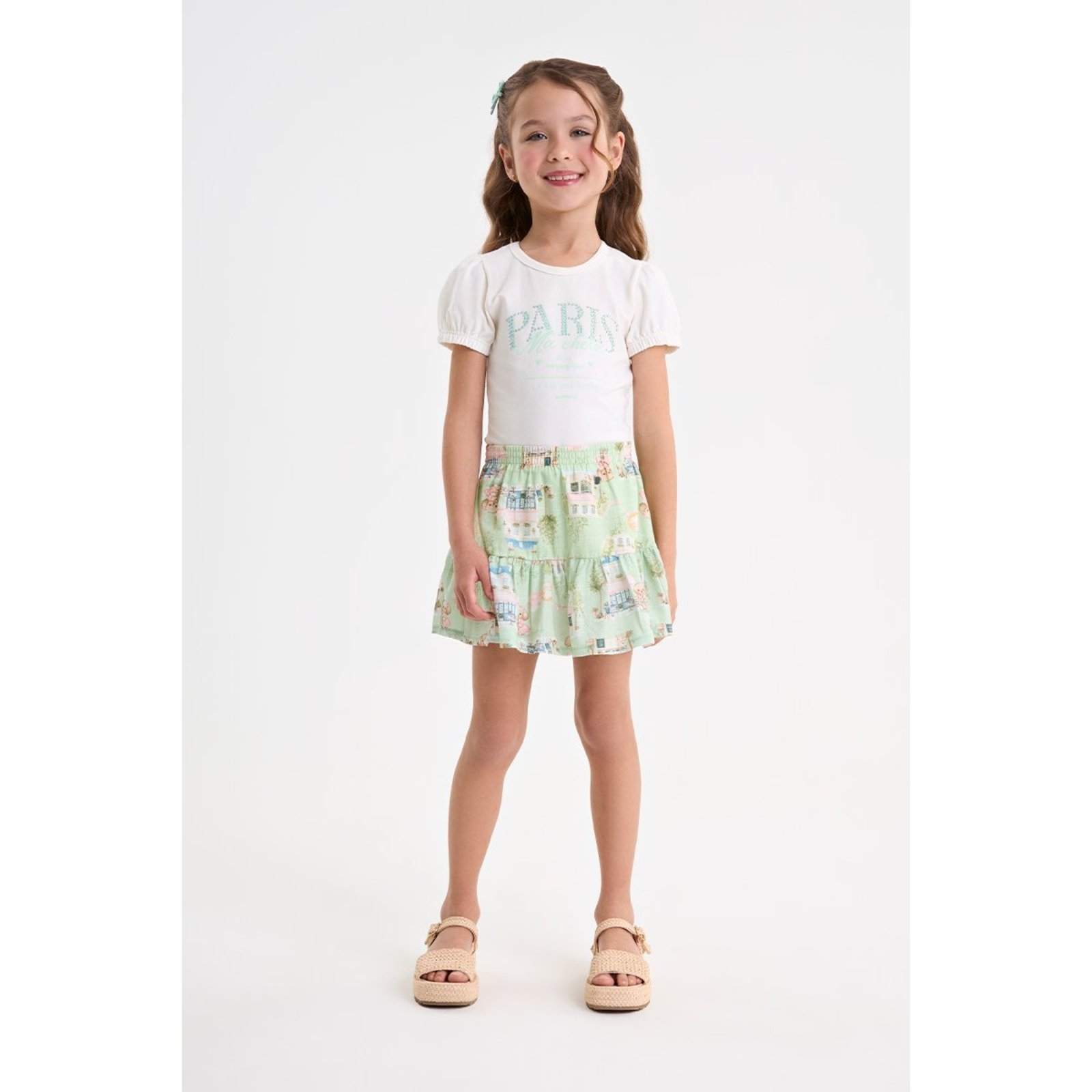 Infantil - Conjunto Feminino Blusa e Saia em Linho com Short Interno