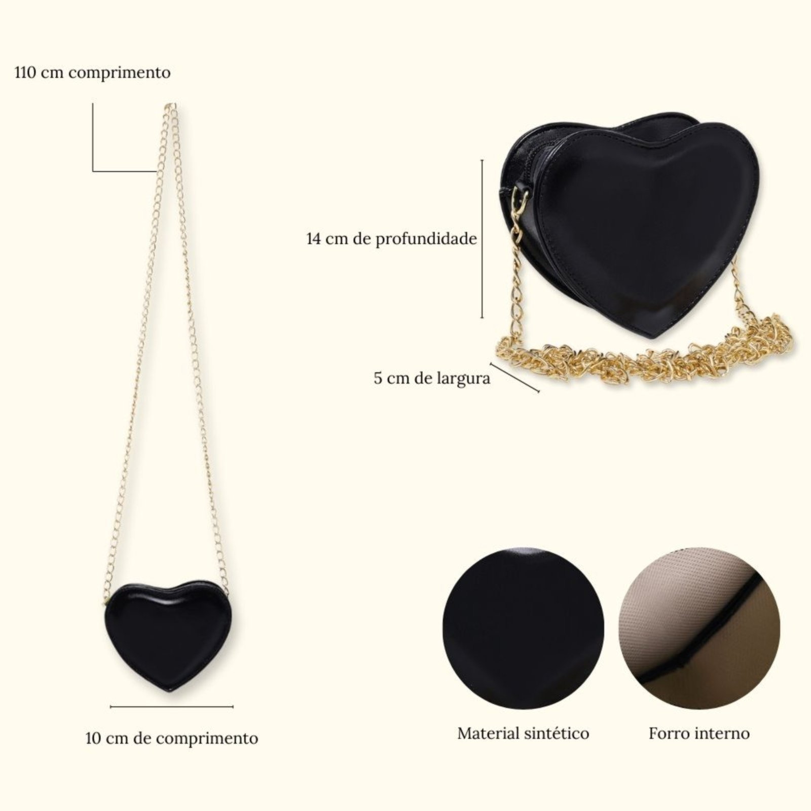 Vista 3 Bolsa Feminina Transversal De Coração alça Dourada Sch 8160 Schiareli preto Schiareli preto