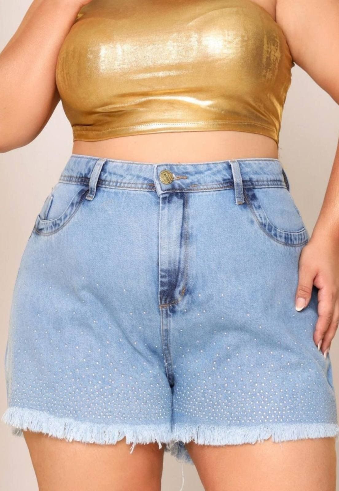 Short Plus Size Yellow Jeans Cintura Alta Detalhe Bolinhas Lavagem Clara