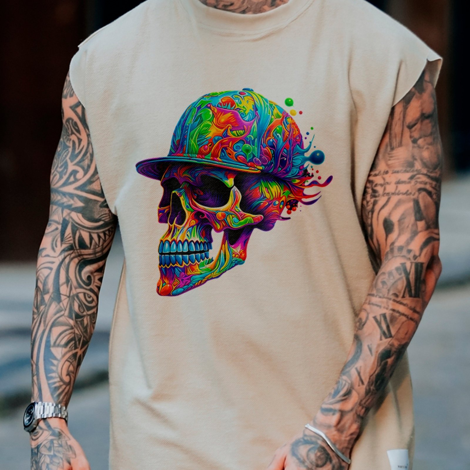 Camiseta Regata Machão Caveira Colorida Psicodélica Streetwear Premium Off White