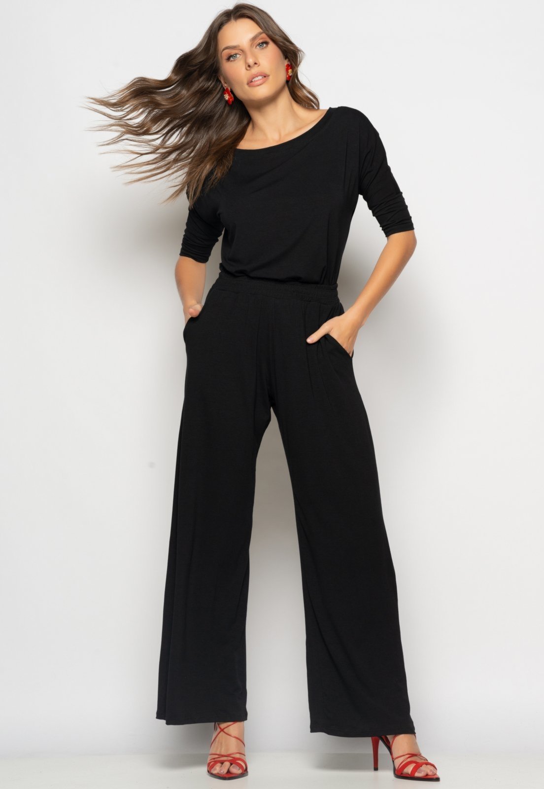 Conjunto Blusa Canoa 3/4 e Wide Leg Malha Salvatore Preto