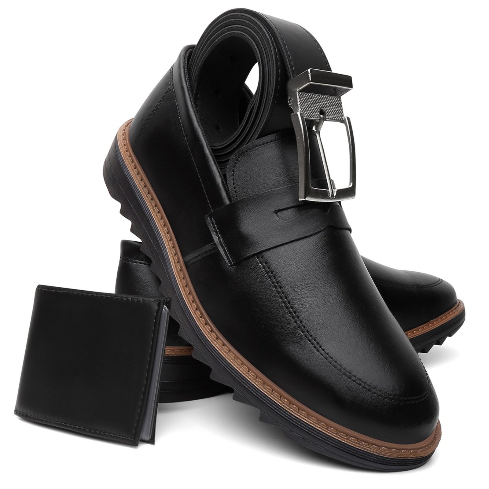Sapato Masculino Casual A. Andrade Mocassim Esporte Fino Derby Tendência Carteira e Cinto Preto