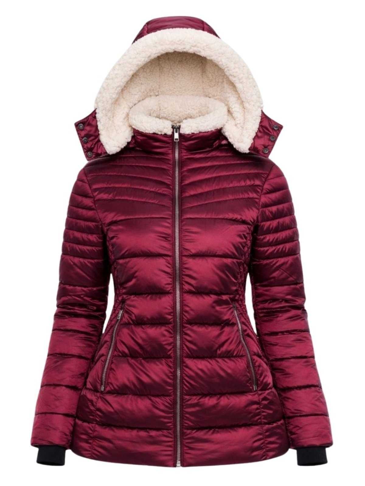 Jaqueta Feminina Puffer Metalizada com Capuz Removível Peluciado