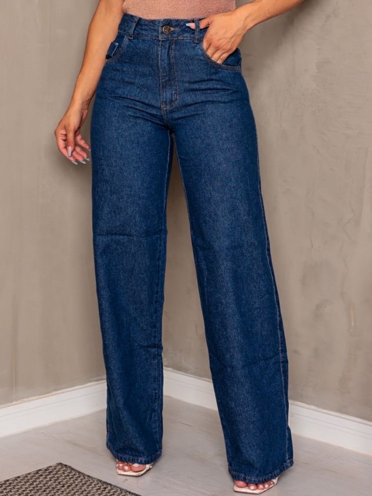 Calça Donna De Paula Wide Leg Jeans Escura Cintura Alta Pantalona