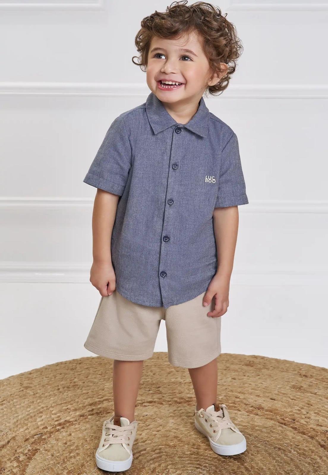 Infantil - Conjunto Camisa Linho Jeans Menino LucBoo 1 Azul