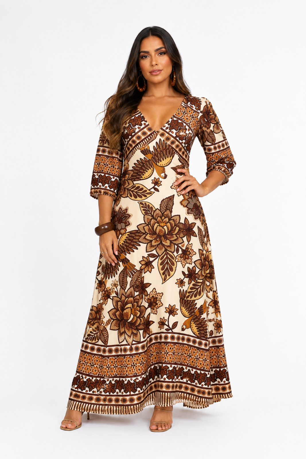 Vestido Longo D Bell Outlet Fashion Decote V Estampado Marrom