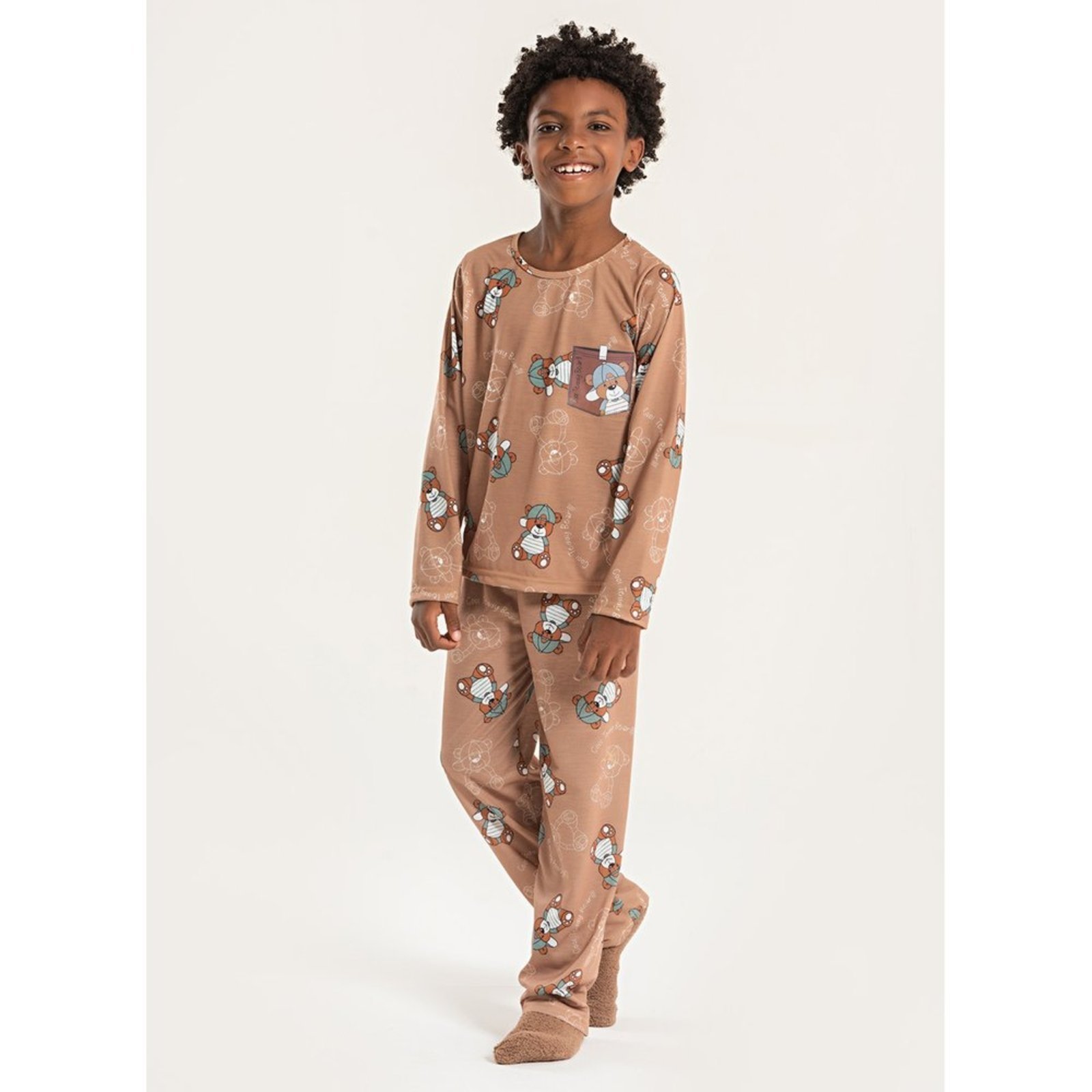 Pijama Longo Menino Marrom Blusa e Calça Ursinho com Boné