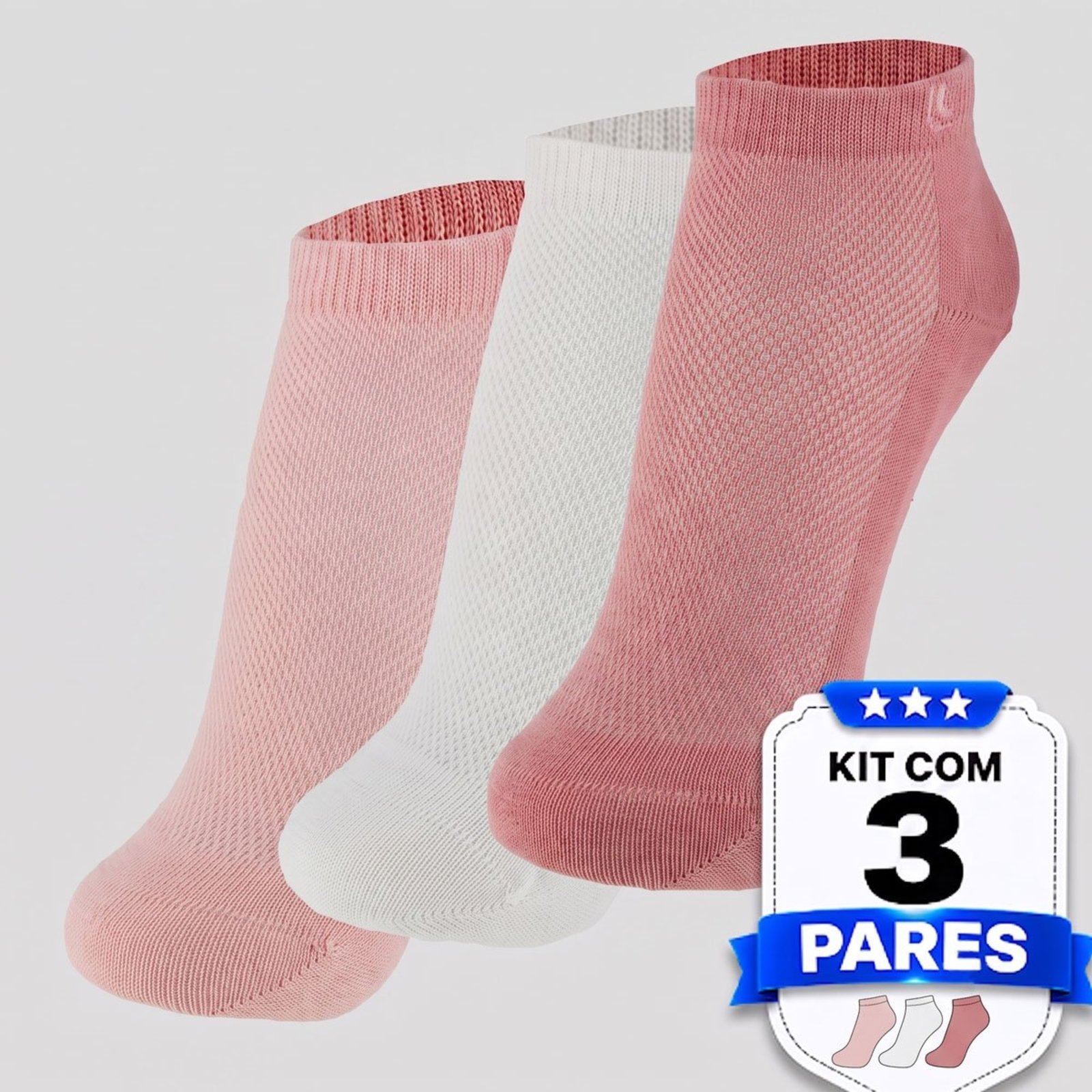 Kit Meia Lupo Socks Cano Curto 3 Pares Feminina Branca e Rosa