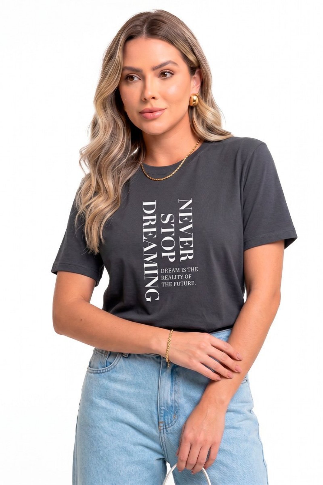 Camiseta Cianitas Chumbo Estampa Never Stop