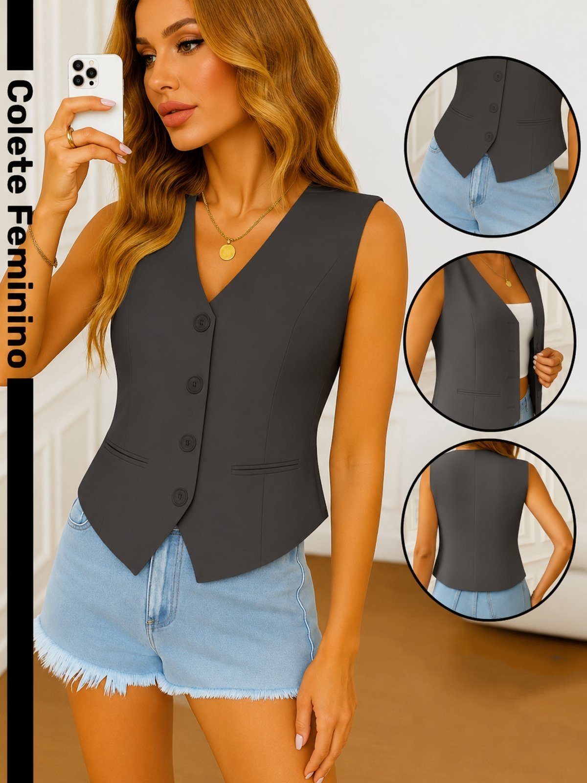 Colete Feminino Alfaiataria Safira Moda Cinza Chumbo
