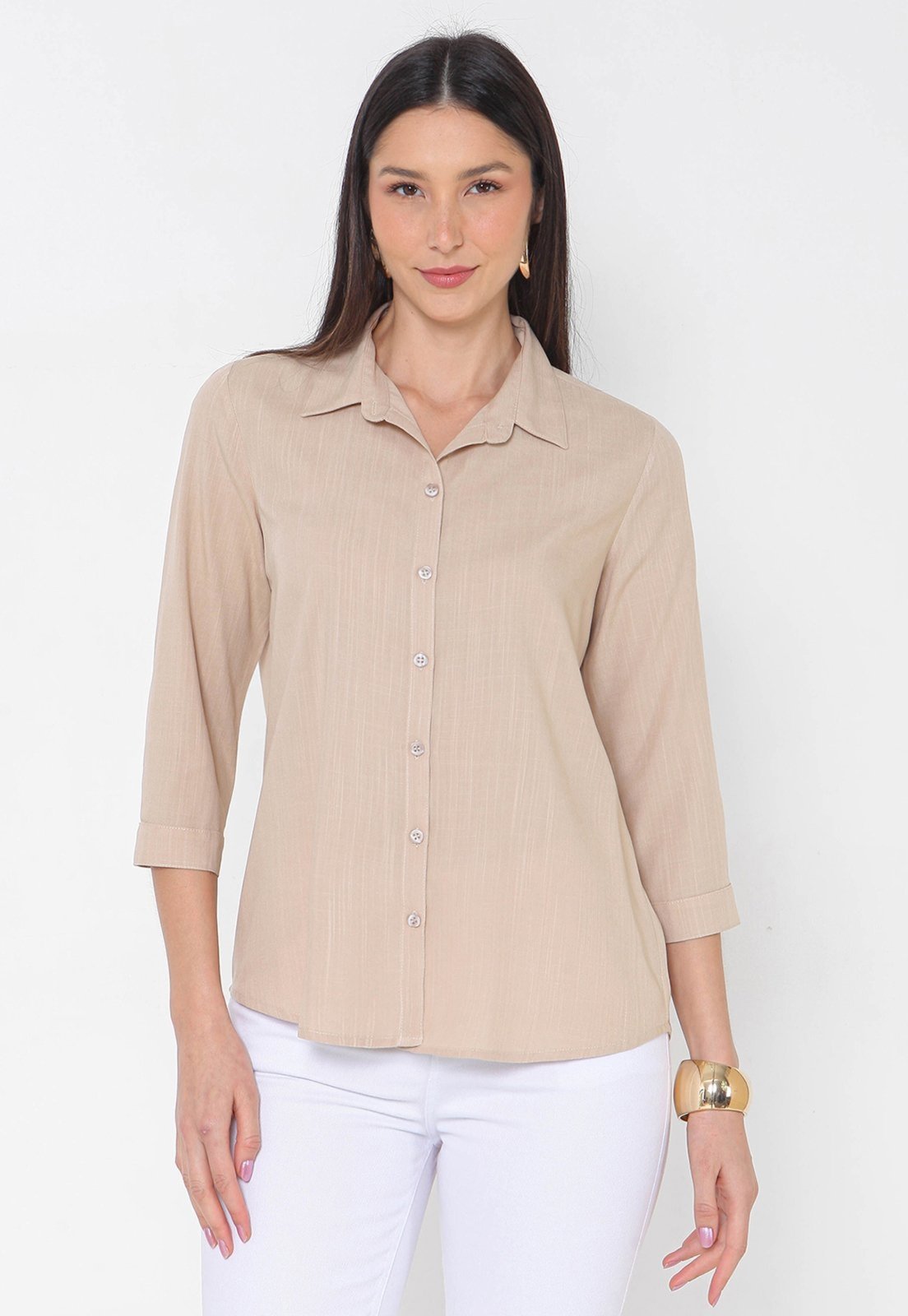 Camisa Intens Manga 3/4 Viscolinho Bege