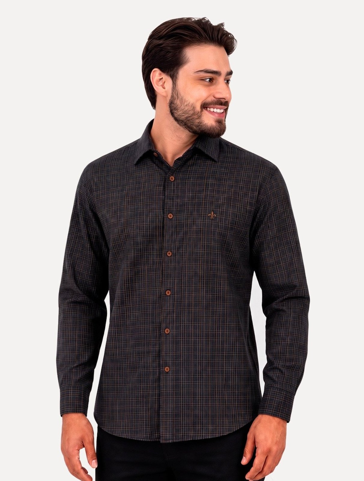 Camisa Dudalina Masculina Slim Slub Cotton Flame Xadrez Azul Marinho