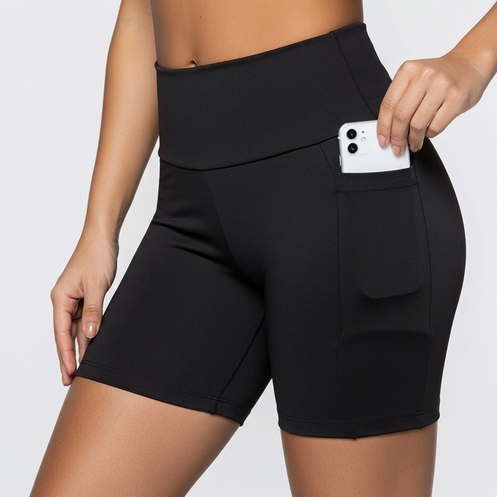 Shorts Feminino Academia Treino Cintura Alta Fitness Bolsos Laterais