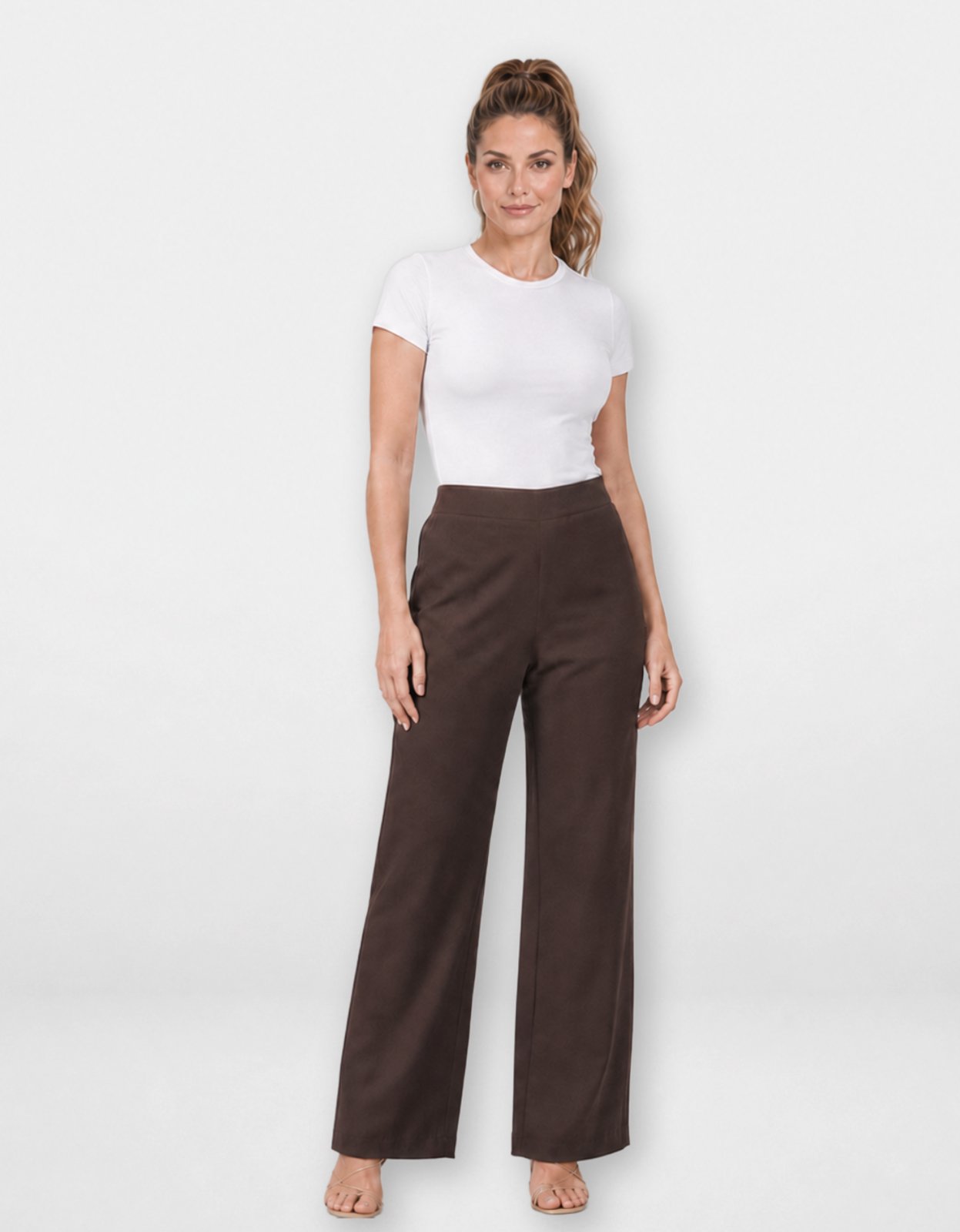 Calça Feminina Pompier Pantalona em Linen Rústico com Elástico No Cós Marrom Chocolate