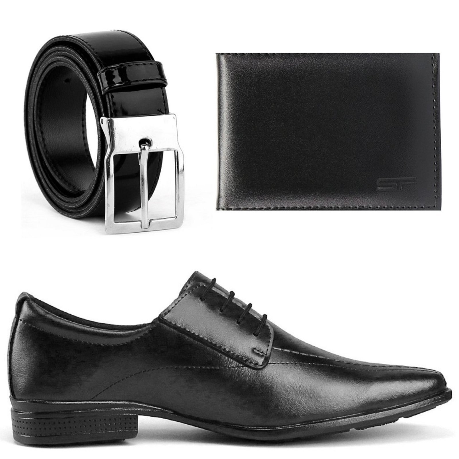 Sapato Social Masculino Clássico com Cadarço Preto + Cinto e Carteira