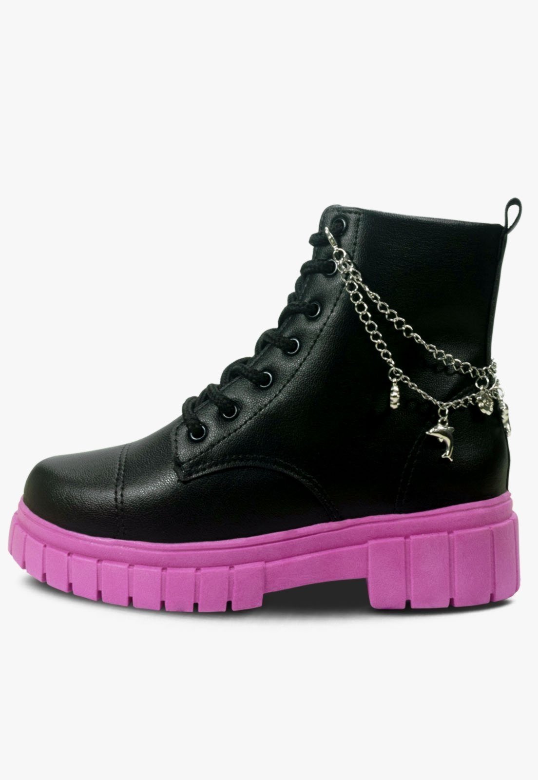 Infantil – Bota Feminina Pópidi Coturno Menina Tratorado Preto Pink com Corrente